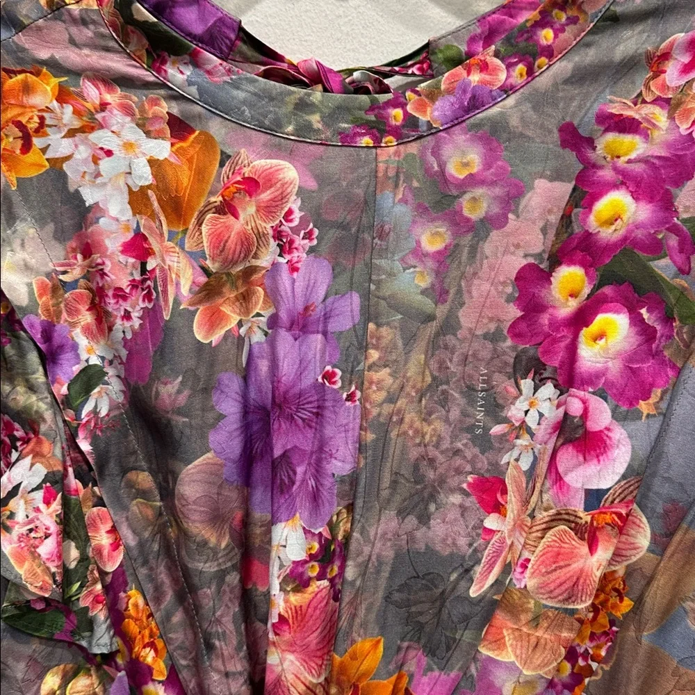 AllSaints Jemille Lucia Silk-Blend Mini Dress size 10 floral high neck sexy - Picture 7 of 12